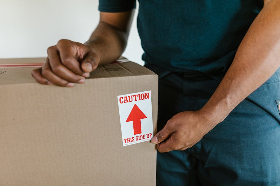The image shows two individuals during a home relocation process, with one person lifting a large cardboard moving box, revealing part of their white sleeve, while the other person's hand, partially v